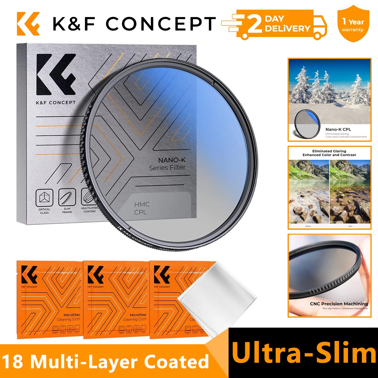K&F Concept CPL Polarizer Lens Filter Ultra Slim 43 49 52 55 58 62 67 72 77 82mm