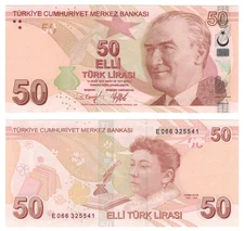 Turkey 50 Lira (2009/2022) - Ataturk/Novelist/p225e/Prefix E UNC