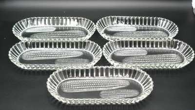 5 VINTAGE 1950'S HAZEL ATLAS CLEAR GLASS CORN ON THE COB TRAYS - EMBOSSED - MINT