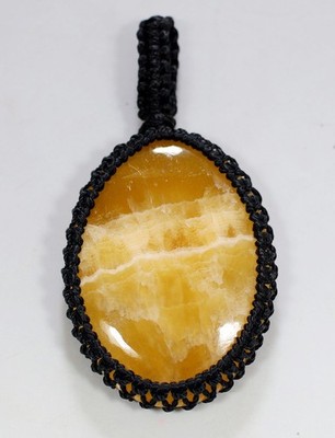 62 Ct 7X29X39 mm Natural Yellow Lace Agate Oval Macrame Pendant 2.15''  KF-440