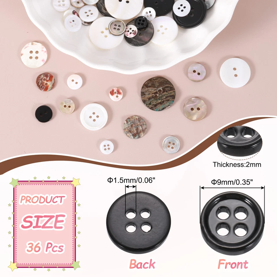 36Pcs Natural Shell Buttons,9mm 4 Holes Pearl Button,Black - Image 2 of 4