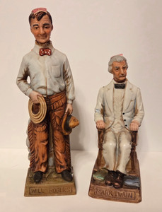 Vintage McCormick Distilling Mark Twain + Will Rogers 1970s Porcelain Decanters