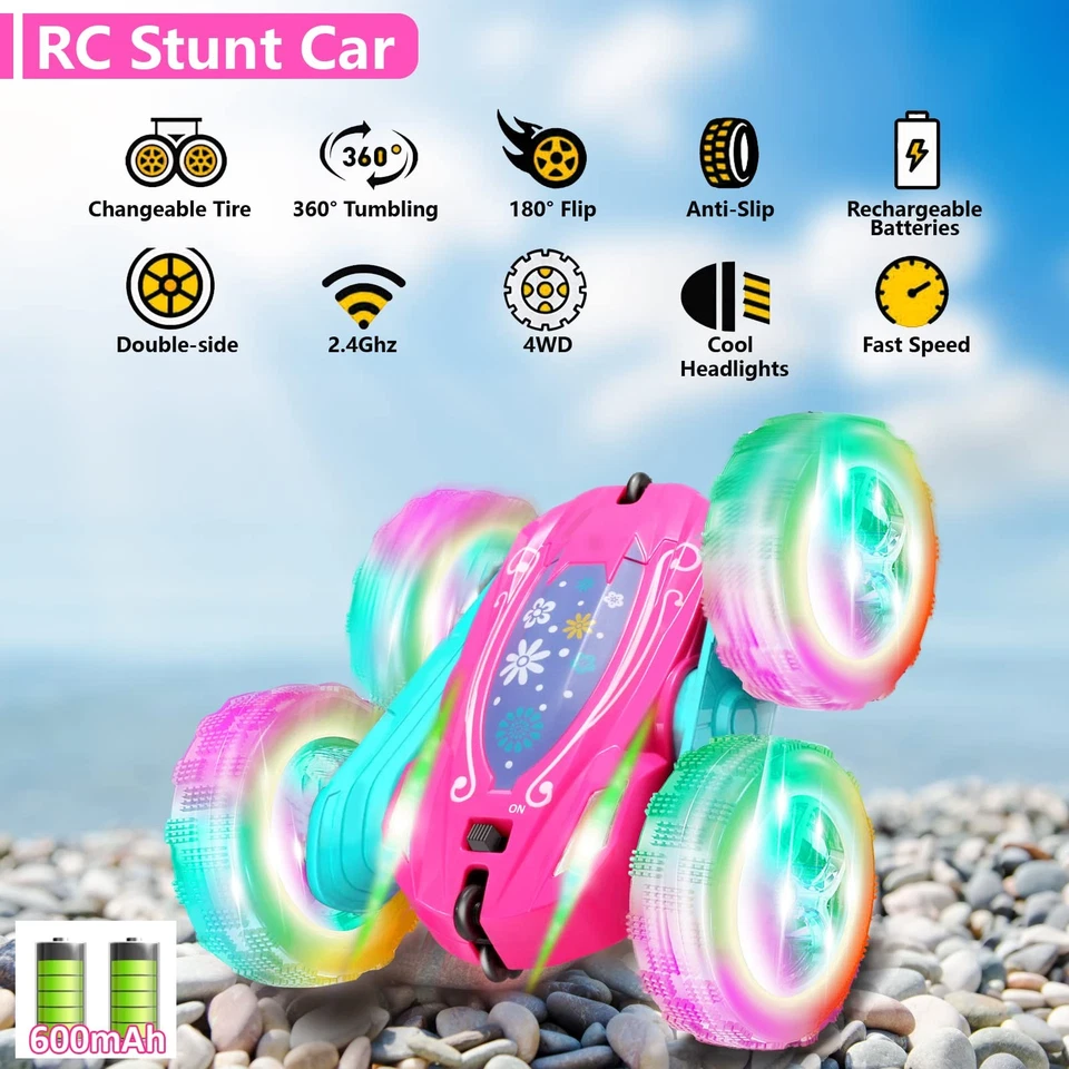 Coche para niñas con control remoto rosa - Juguete acrobacial abatible 360° con faros Foto 2 de 4