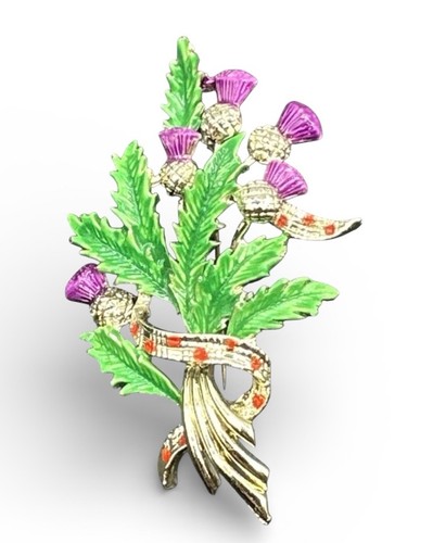 Exquisite Signed Vintage Thistle Enamel Brooch Pin J42