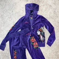 Ed Hardy Purple Velour Women's Tracksuit Set S Hoodie Pants Embroidered Graphic
