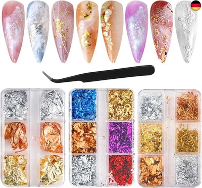 HEMIKS 3 Boxen Blattgold Nailart, Goldfolie Nägel Set mit Pinzette, Blattgold Nägel N