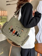 Vintage Cat Pattern Large Tote Bag, Adjustable Crossbody Shoulder Bag