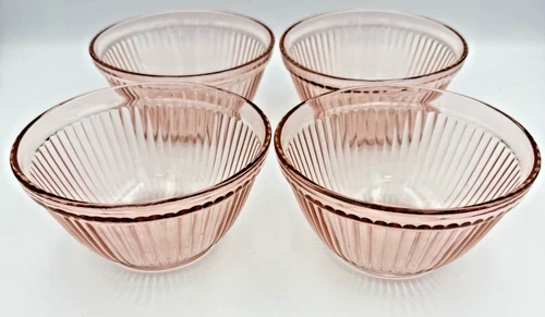 4 VTG Federal Glass B-10 Pink Depression 5 1/4” Mixing Cereal Bowls Ribbed Swirl