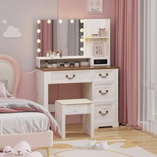 Vanity Desk with Lighted Mirror & Power Outlet Makeup Vanity Table with Stool