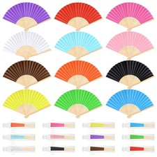 12 Pieces Hand Held Bamboo Folding Fans Paper Fans Handheld for Women Foldabl...