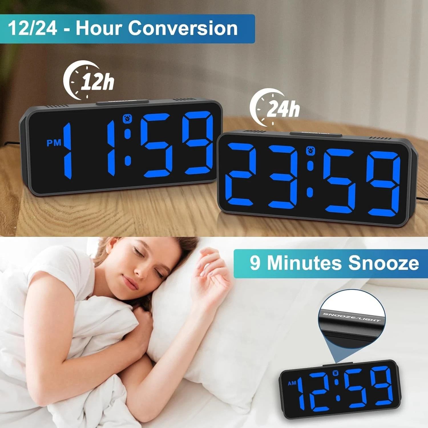 Small Digital Alarm Clock Plug in for Bedrooms Bedside, Tiny Electric Clock L...