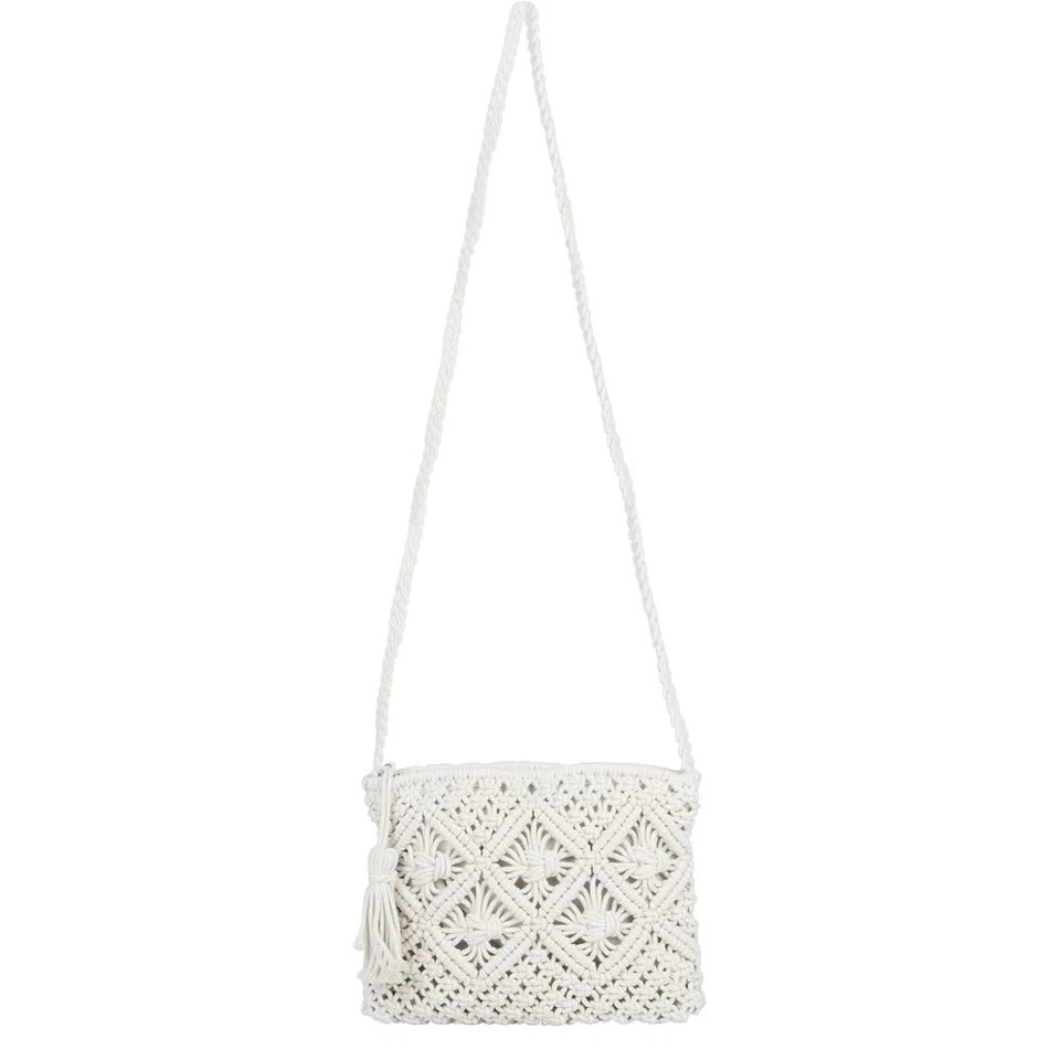White Woven Crossbody Bag Crochet Macrame Shoulder Bag Clutch Purse Beach Travel - Image 3 of 4