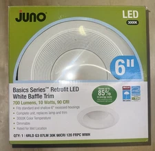 Juno Lighting Basics Series Retrofit LED White Baffle Trim 700 Lumens 10 Watt 6"