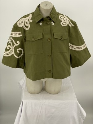 Weekend Max Mara Womens Cropped Jacket Size US 4 Olive Green Embroidered Canvas