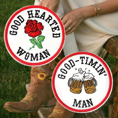 GOOD HEARTED Woman & GOOD-TIMIN' Man - 2 Embroidered Iron On Patch / NEW - Picture 1 of 7