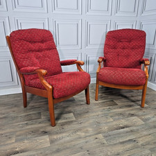 Pair Mid Century Armchairs Wooden Red Upholstery High Back Vintage Retro Chair