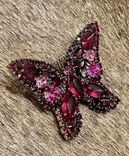 1960’s Ruby & Pink Rhinestone Butterfly Brooch Stamped By Albert Weiss Vintage