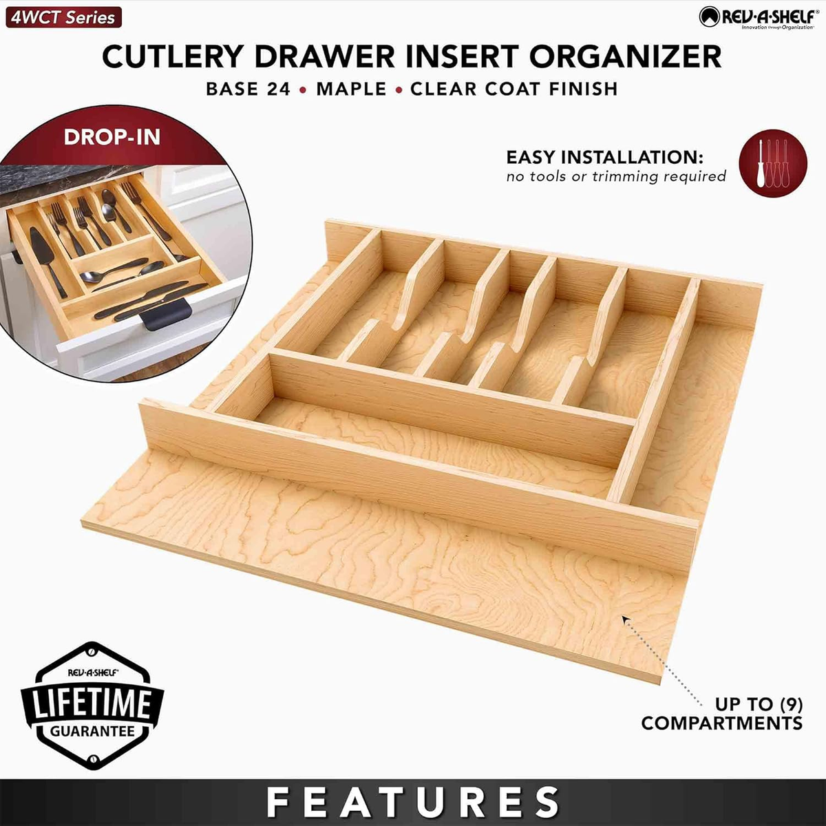 【KITCHEN DIARY】（T-25） Natural Maple 7-Compartment Kitchen Drawer Organizer, 19.25