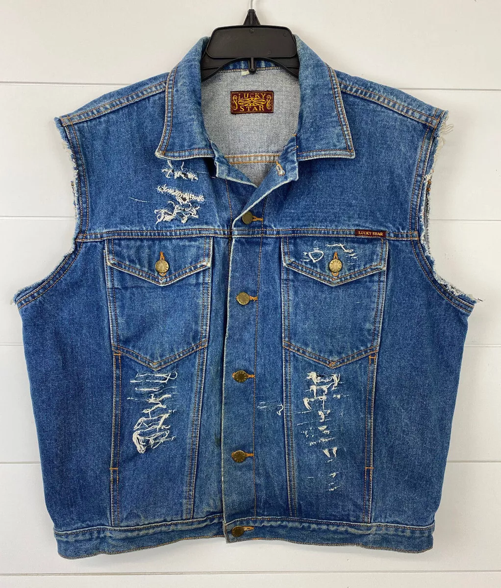 Vintage Lucky Star Denim Jean Vest Jacket Mens L Large Factory Distress Fray Arm