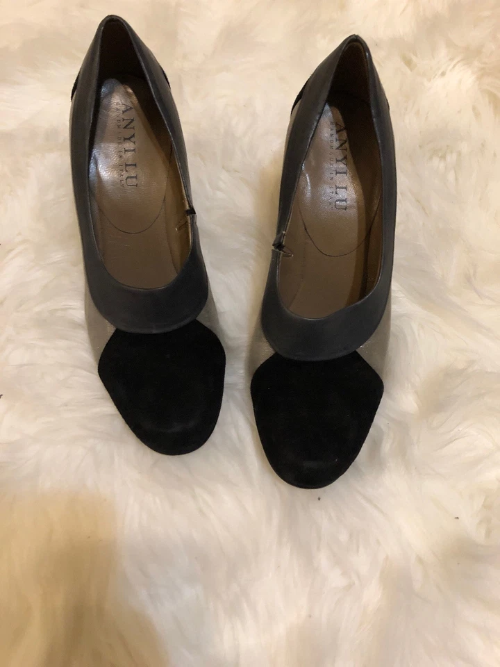 Anyi Lu Italia 37.5 7.5 Tacones Gamuza Gris Metálico Plata Negro Foto 3 de 4
