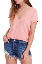 Free People Saturday Top XS Raw Hem Distressed Coral Pink Relaxed B57