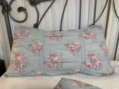 pair Simply Shabby Chic KING HTF ruched pillow shams pink cabbage roses on blue