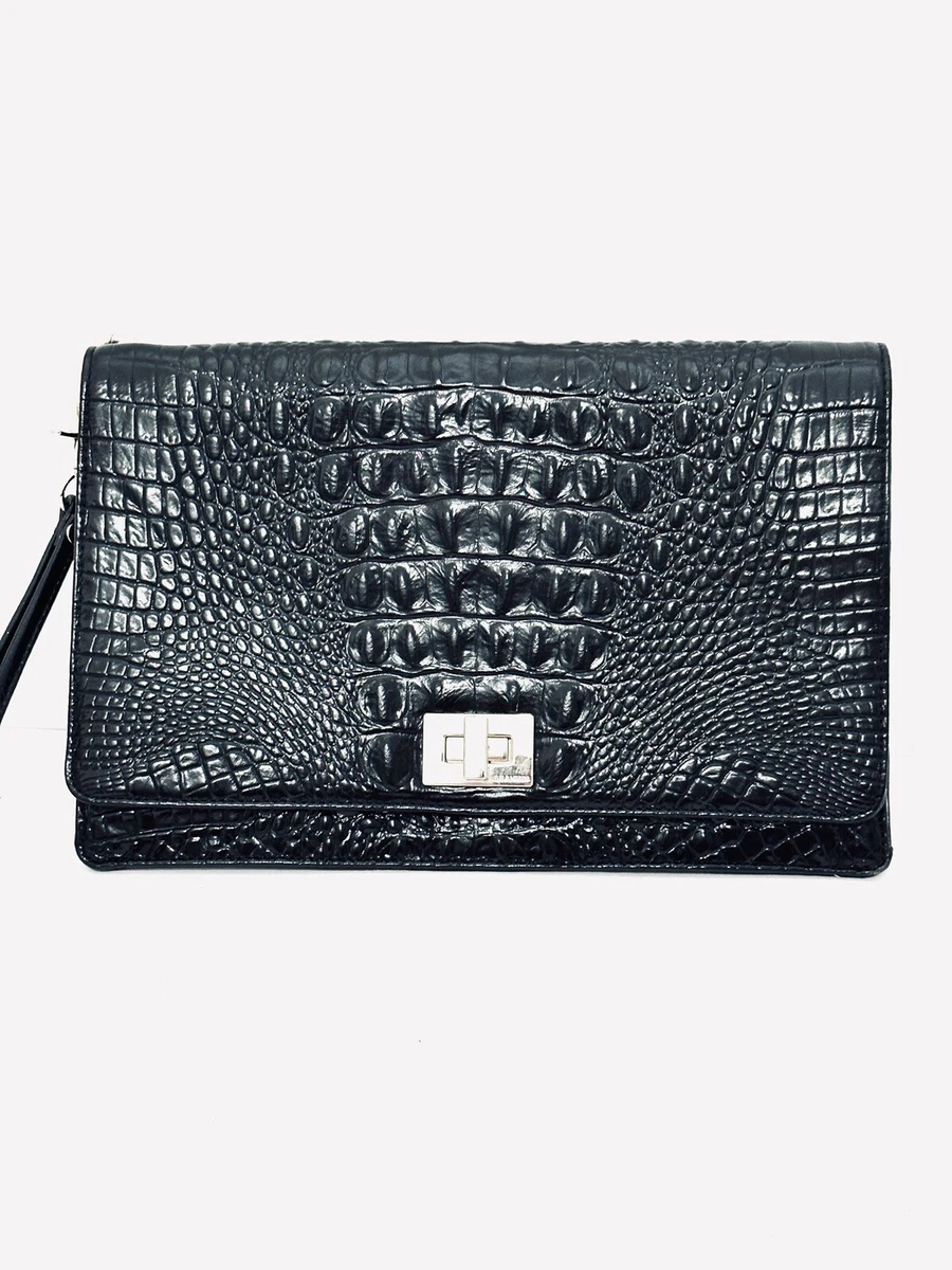 Brahmin Black Leather Crocodile Embossed Lily Wristlet Pouch Clutch Bag
