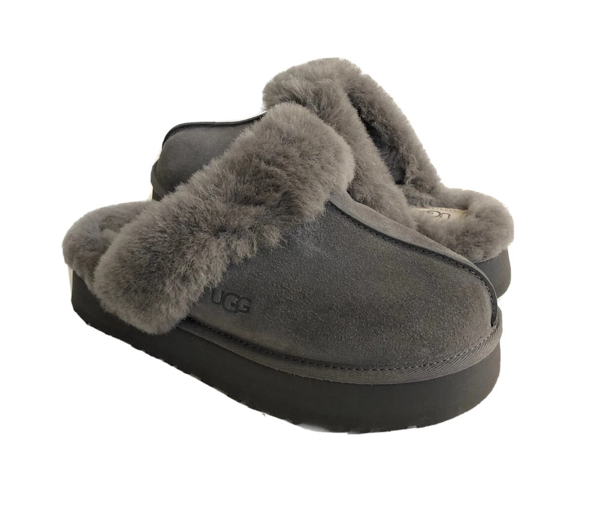 SANDALI UGG DISQUETTE SLIDE CARBONCINO SHEARLING POLSINO US 7 EU 38 UK 5