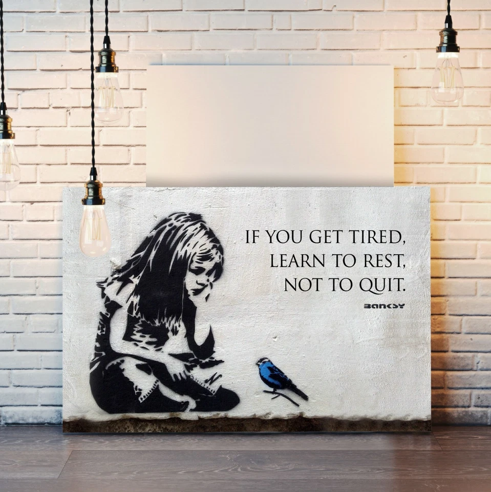BANKSY GIRL BLUE BIRD QUOTE LEARN TO REST CANVAS WALL STREET ART PRINT GRAFFITI - Image 2 of 4