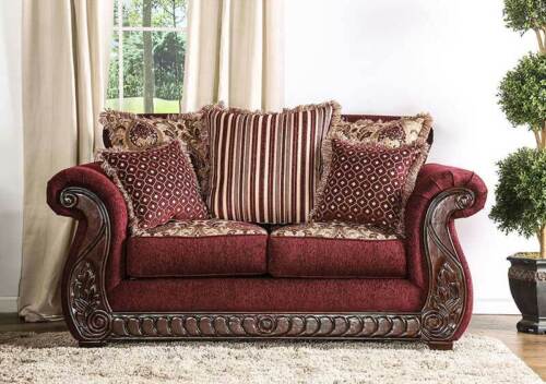 Old World Living Room Furniture Wood Trim & Burgundy Fabric Sofa Couch Set  IRCU