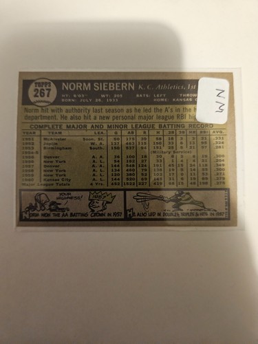 1961 TOPPS NORM SIEBERN #267 NM COMBINED SHIPPING - Bild 2 von 2