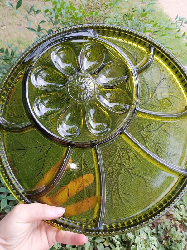 Indiana Glass Green Divided Platter Relish/Egg Plate Pebble Leaf Tree Of Life