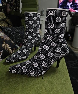 Gucci Sock Boots Technical GG Jersey Tom Black and White 37