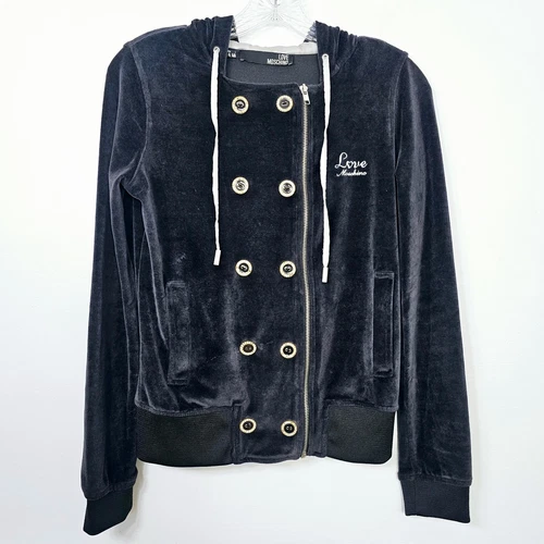 Giacca con cappuccio Love Moschino donna taglia 4 nera velluto strass bottoni