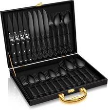 Stapava 24 Pcs Black Silverware Set with Gift Box, Gorgeous Retro Royal 