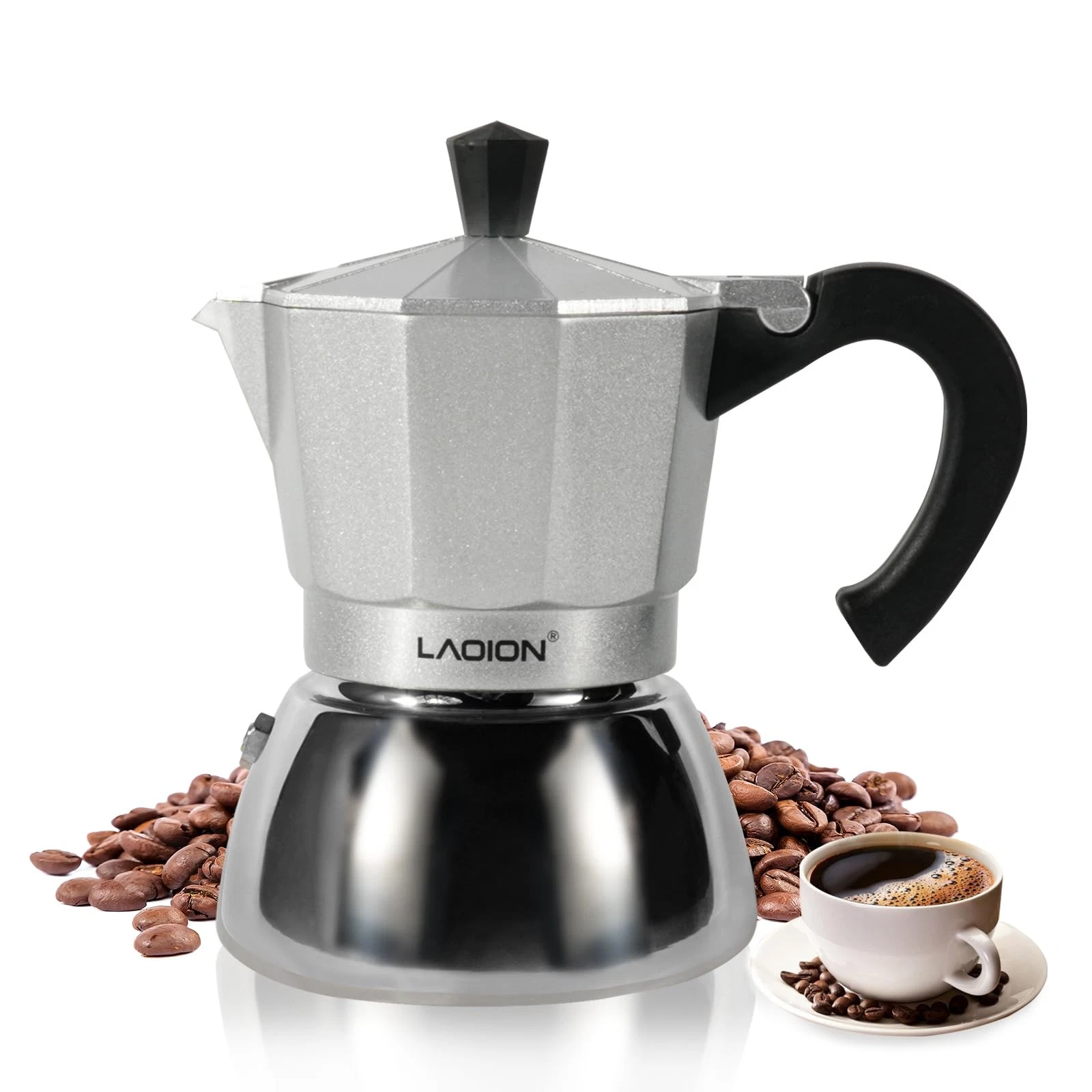 LAOION Stovetop Espresso Maker, 3Cup Moka Pot, Machine 3-Cup, Silver