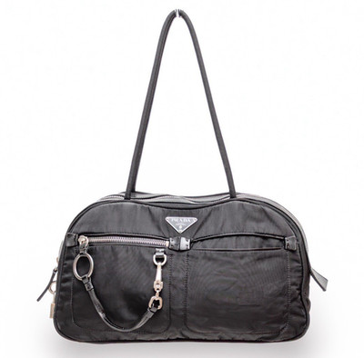 Vintage Prada Tessuto Black Nylon Front Zipper Pocket Mini Boston Bag
