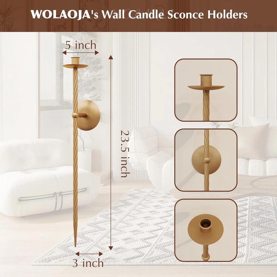 Candle Wall Sconce Set of 2, Large Twisted Mount Metal Brass Holder Sconces - Image 3 of 4