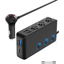 Car Charger Splitter 200W 3 Socket Cigarette Lighter Adapter with PD30W USB-C Mu