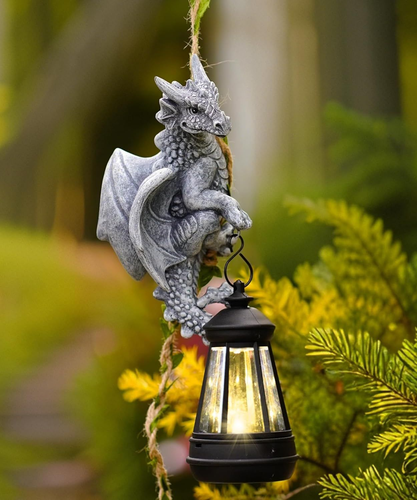Solar-Powered Dragon Statue for Garden or Patio in Gray Resin
