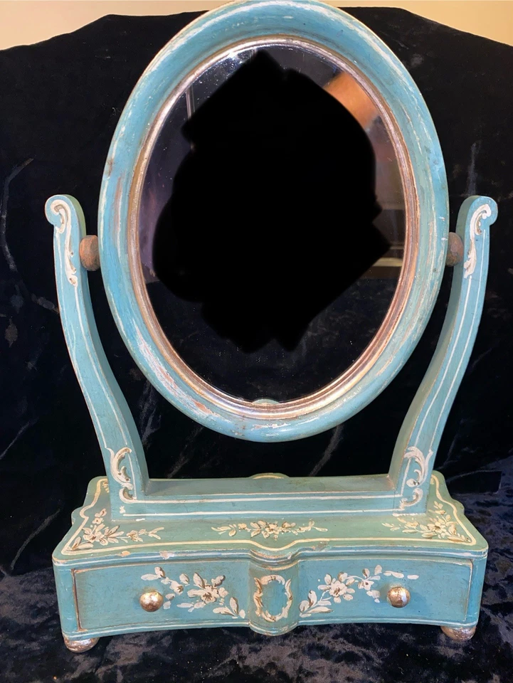 Joyero tocador tocador espejo inclinable madera pintado a mano florentino azul vintage Foto 2 de 4