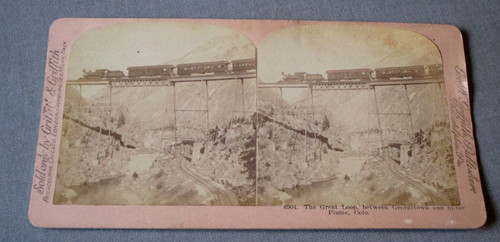 1890 STEREOVIEW PHOTO-THE GREAT LOOP-RAILROAD LOCOMOTIVE TRAIN BRIDGE PLUME COLO