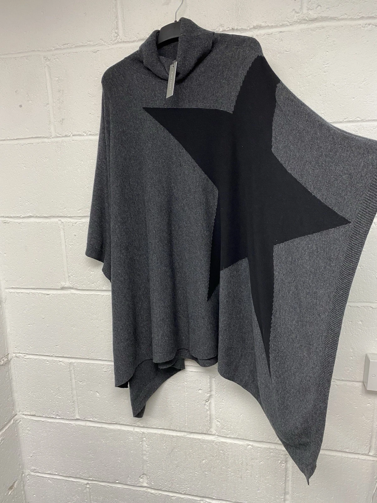 Mint Velvet Charcoal Grey Cashmere Cotton Blend Roll Neck Poncho Star Print PS