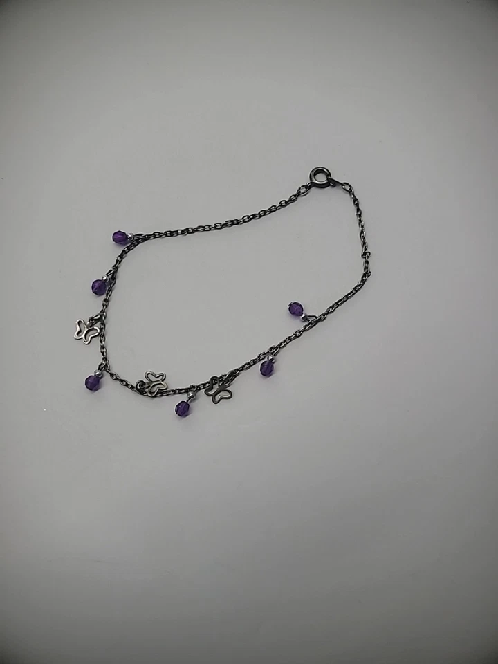 Pulsera tobillera vintage tono plata púrpura mariposa joyería disfraz Foto 4 de 4