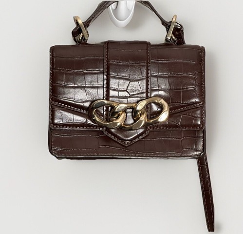 ZARA Brown Faux Alligator Leather Crossbody Purse Front Flap Gold Chain Handbag