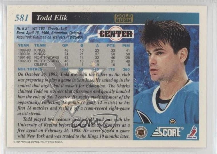 1993-94 Score American Gold Rush Todd Elik #581 - Image 2 of 2