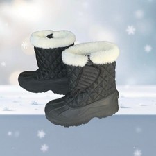 Black Quilted/Rubber Hook Loop Black Snow Boots w Faux Fur Big Girl/Women 5