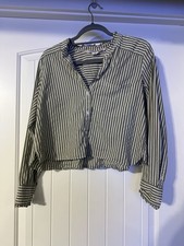 Veronica Beard Whitman Stripe Pocket Shirt - Green Ruffle Edge Cropped