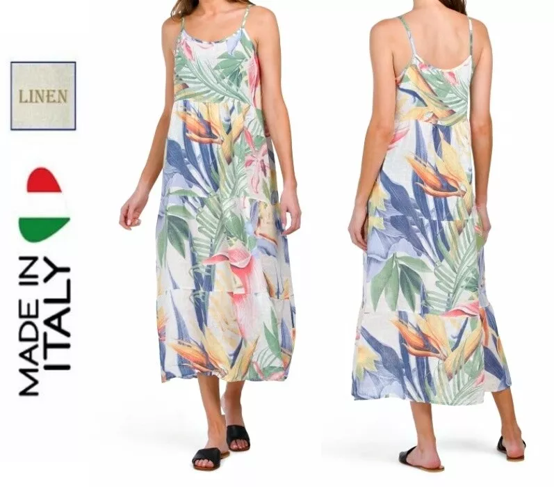 ELENA BALDI 100% Linen Tropical Print Strappy Tiered Maxi Dress M Made In  Italy | eBay
