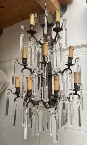 Bronze lamp/chandelier with nine arms and large spear crystals H 77 cm - Picture 3 of 14